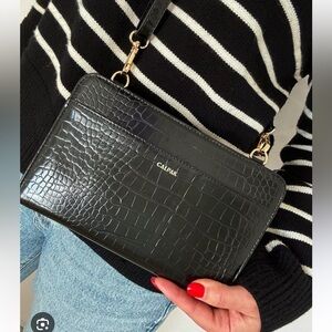 Calpak Glossy Black Croc Embossed Crossbody Travel ✈️ Wallet